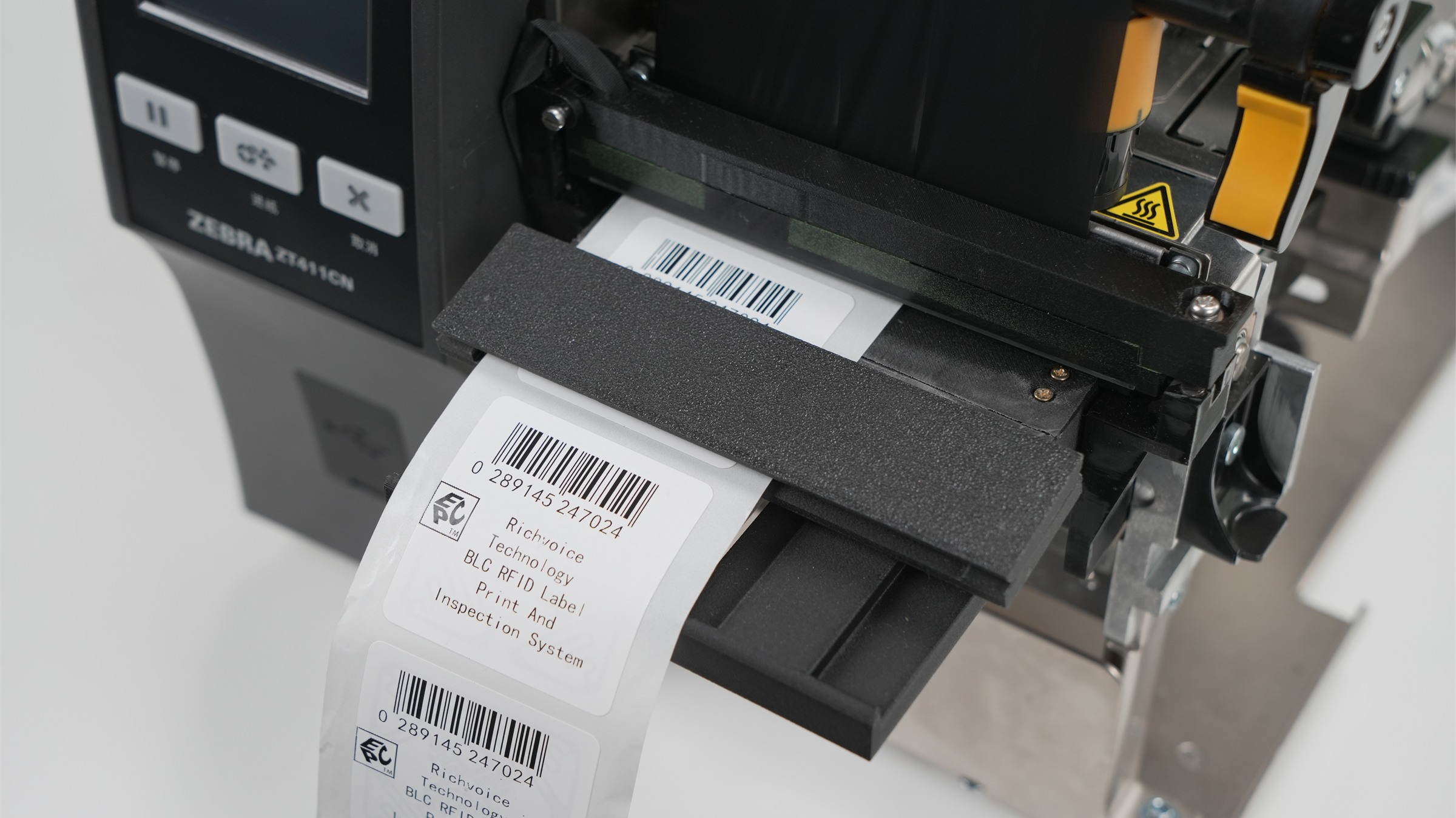 BLC RFID inspection module verifying printed and encoded labels on a Zebra ZT411 RFID printer